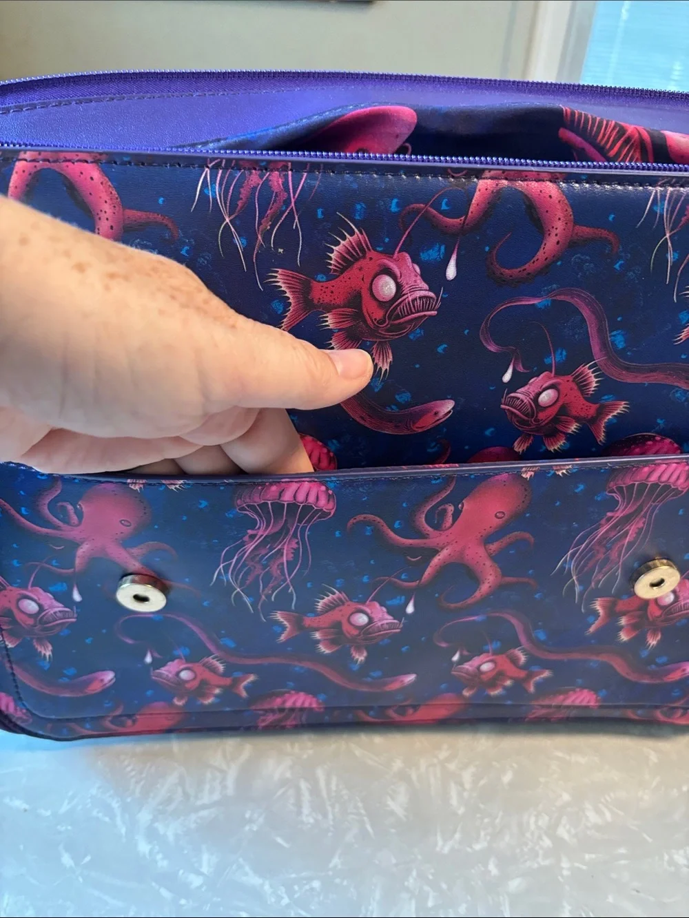 FUNKY SEA CREATURES book bag. Faux purple leather. Bright red and pink sea life.